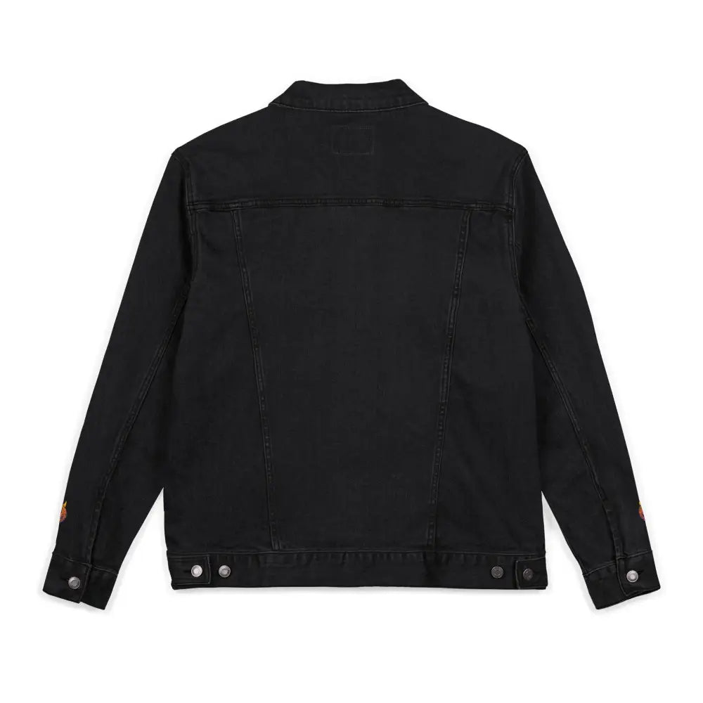 Black denim jacket with colorful embroidery sleeves for spooky season, machine washable