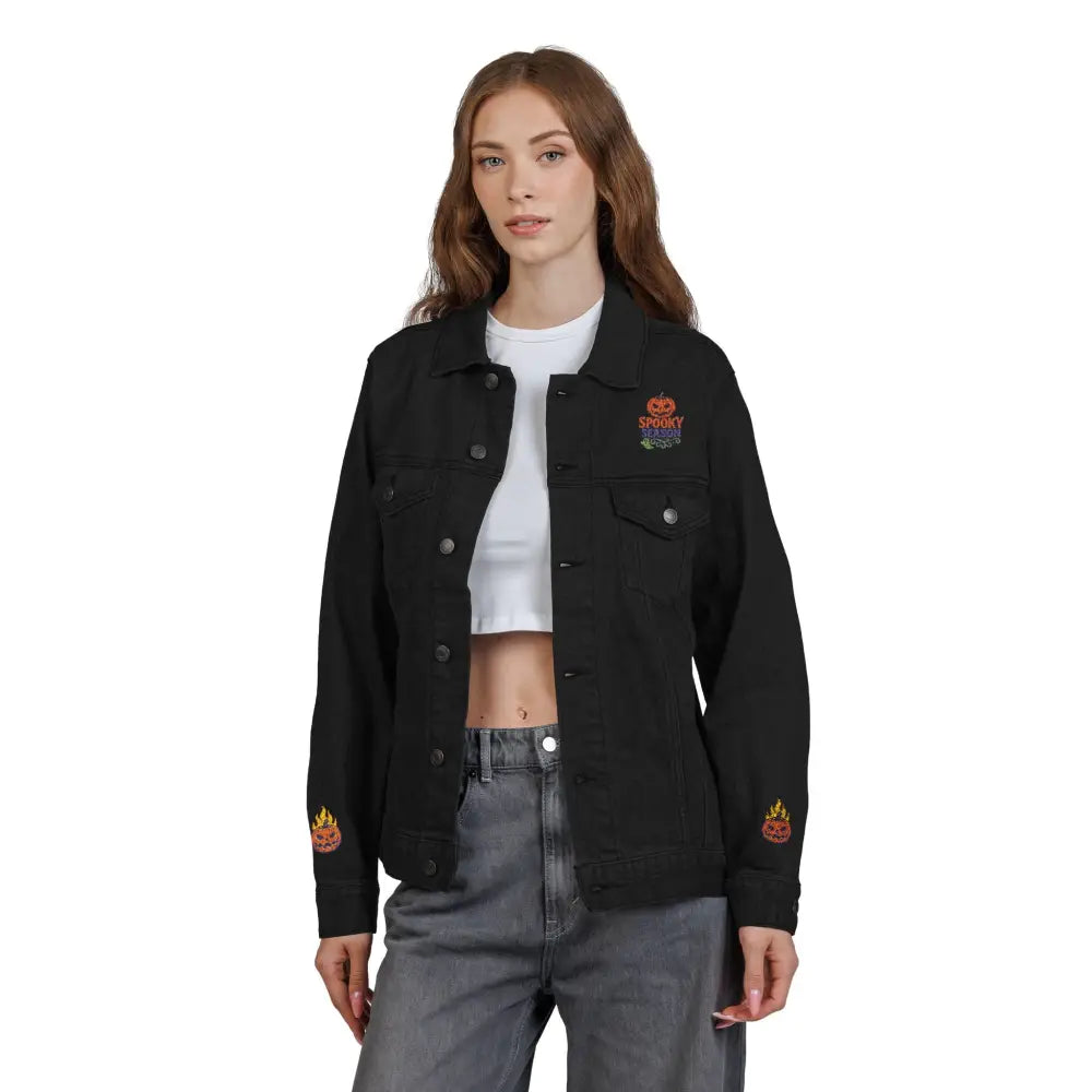 Black denim jacket with flames embroidery and crown logo, perfect for spooky season streetwear