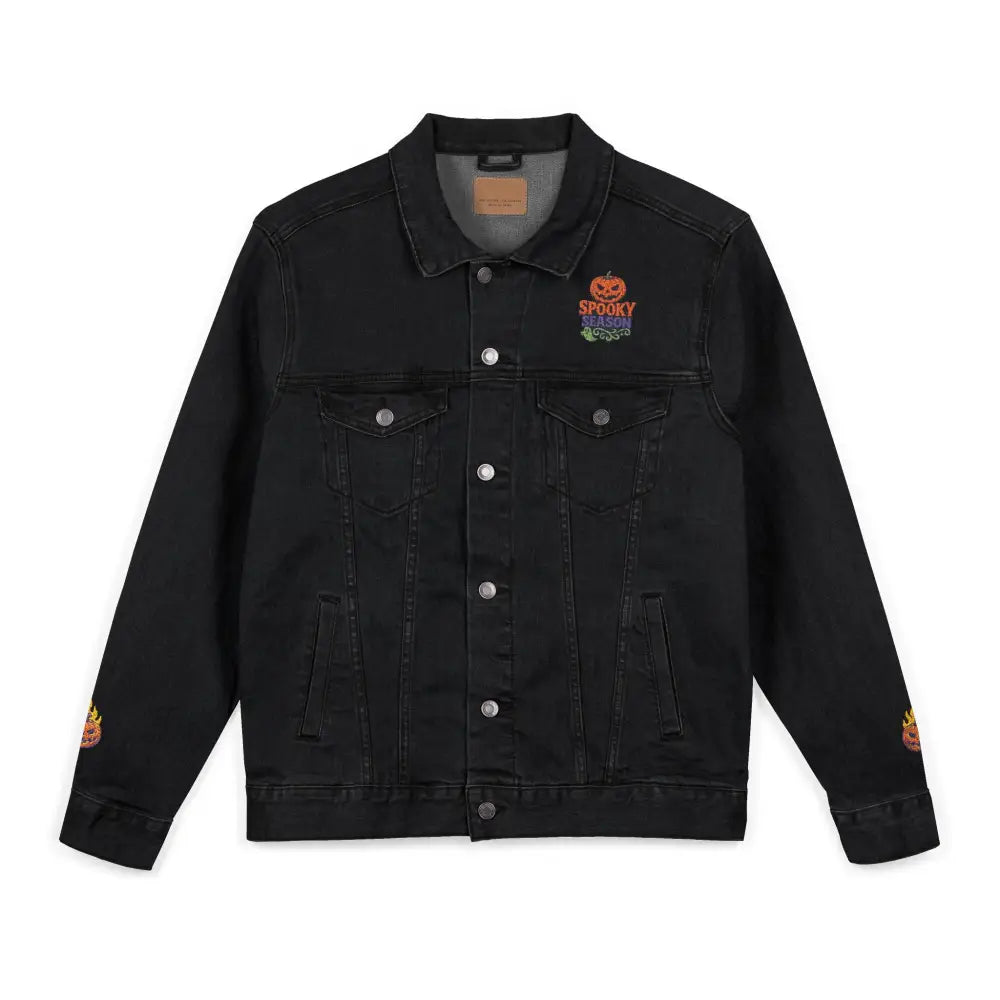 Black denim jacket with Halloween embroidery for spooky season, machine wash gentle cycle