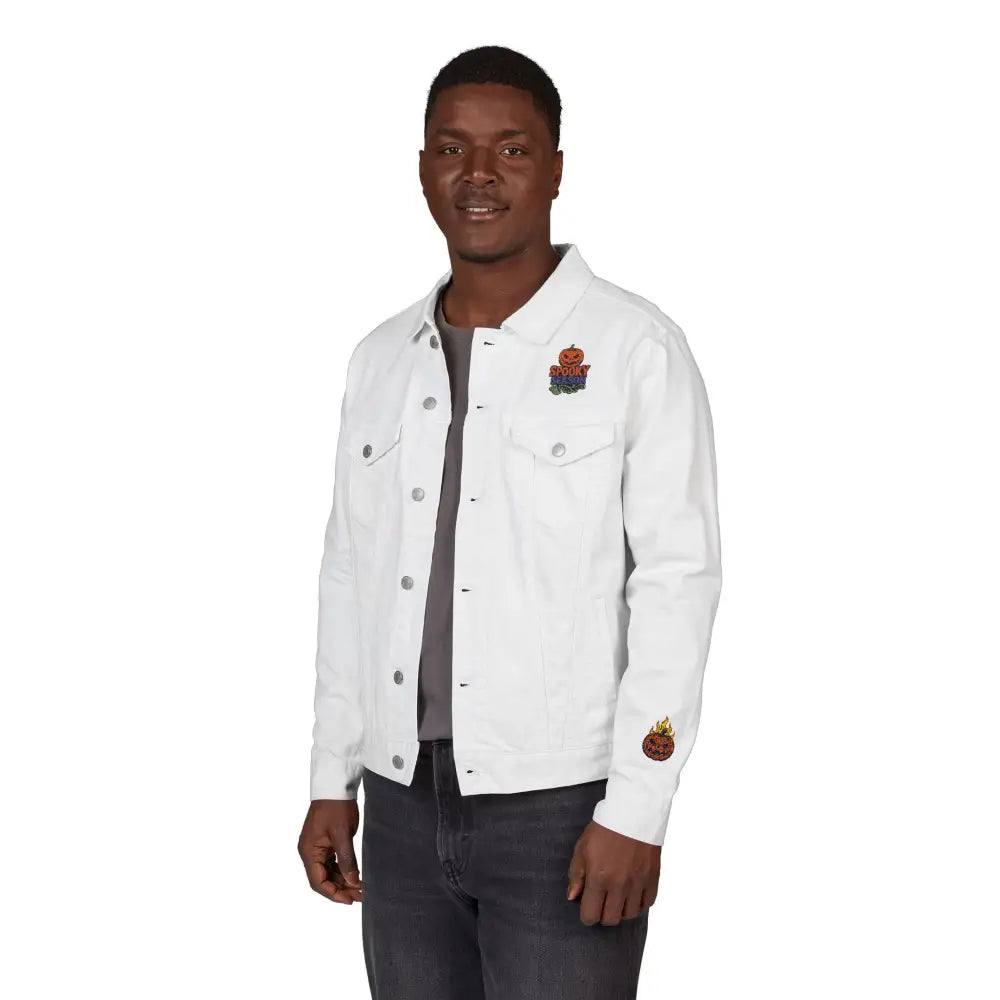 Men’s white denim jacket with pumpkin and flame patches for spooky season streetwear
