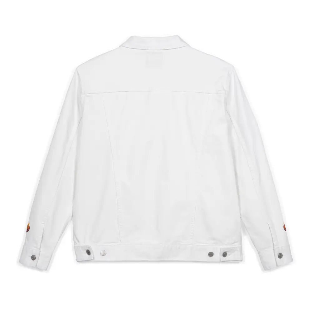 White denim jacket with button cuffs and waist adjusters for spooky season streetwear