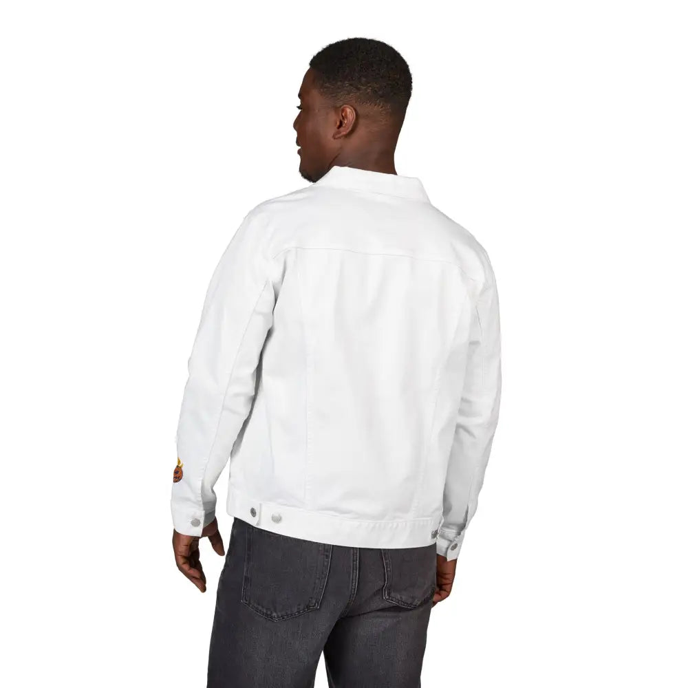 Men’s white denim jacket with dark jeans for spooky season streetwear, machine washable