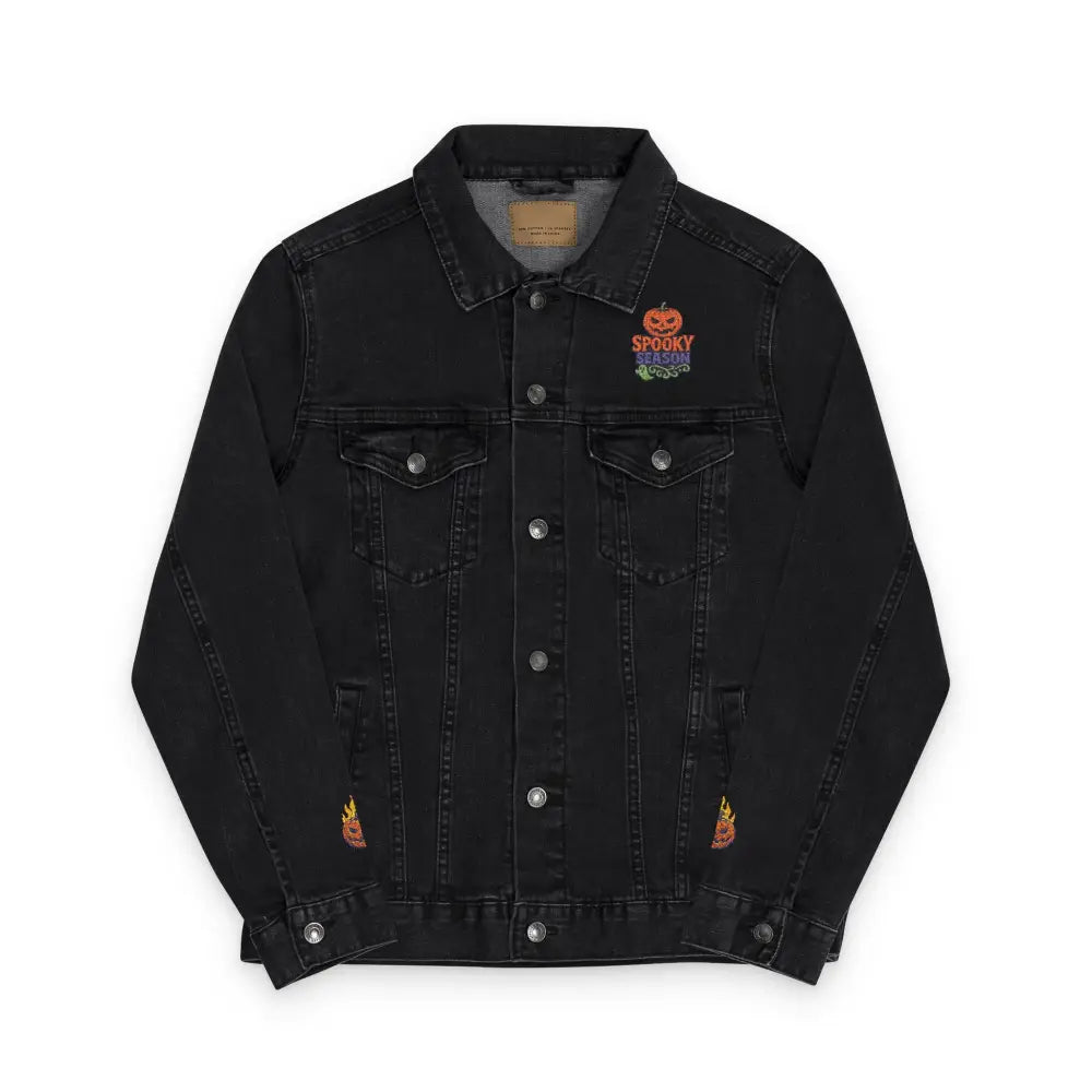 Black denim jacket with Halloween-themed embroidery for spooky season, machine wash gentle cycle
