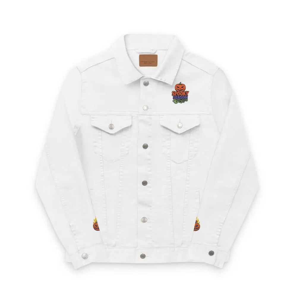 White denim jacket with Halloween embroidery for spooky season, machine wash gentle cycle