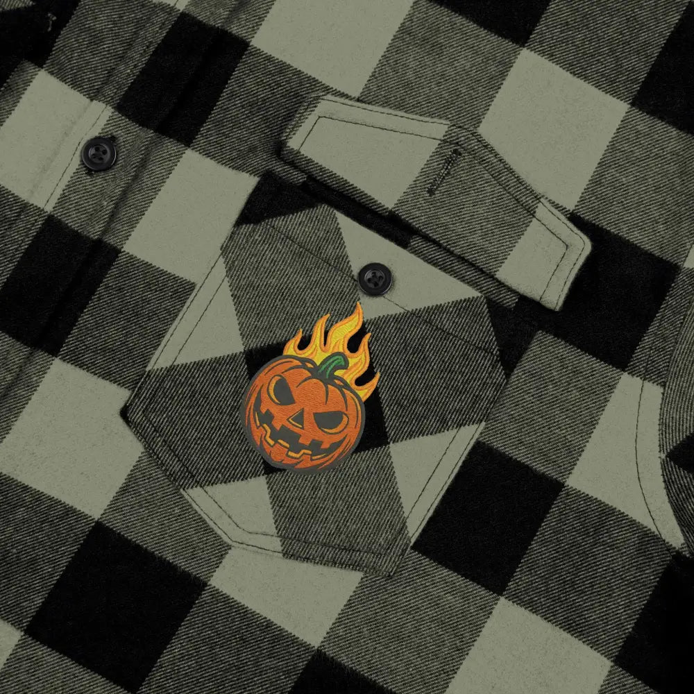 Unisex Flannel Shirt Flaming Pumpkin Halloween Edition with flaming jack-o’-lantern patch