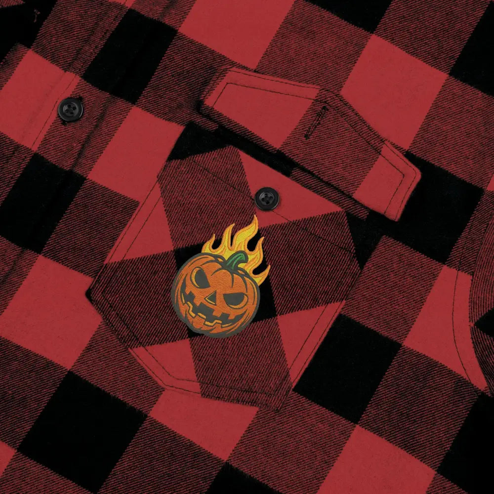 Unisex Flannel Shirt Flaming Pumpkin Halloween Edition with plaid design at pumpkin patch