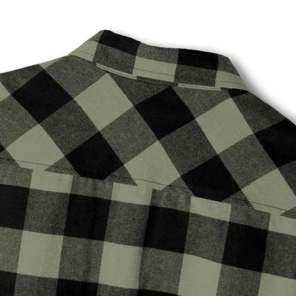 Black and sage green buffalo plaid flannel shirt with flaming pumpkin design from Trading Company EXP50F