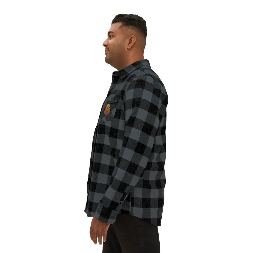 Men’s gray and black buffalo plaid flannel shirt with flaming pumpkin design by Trading Company EXP50F