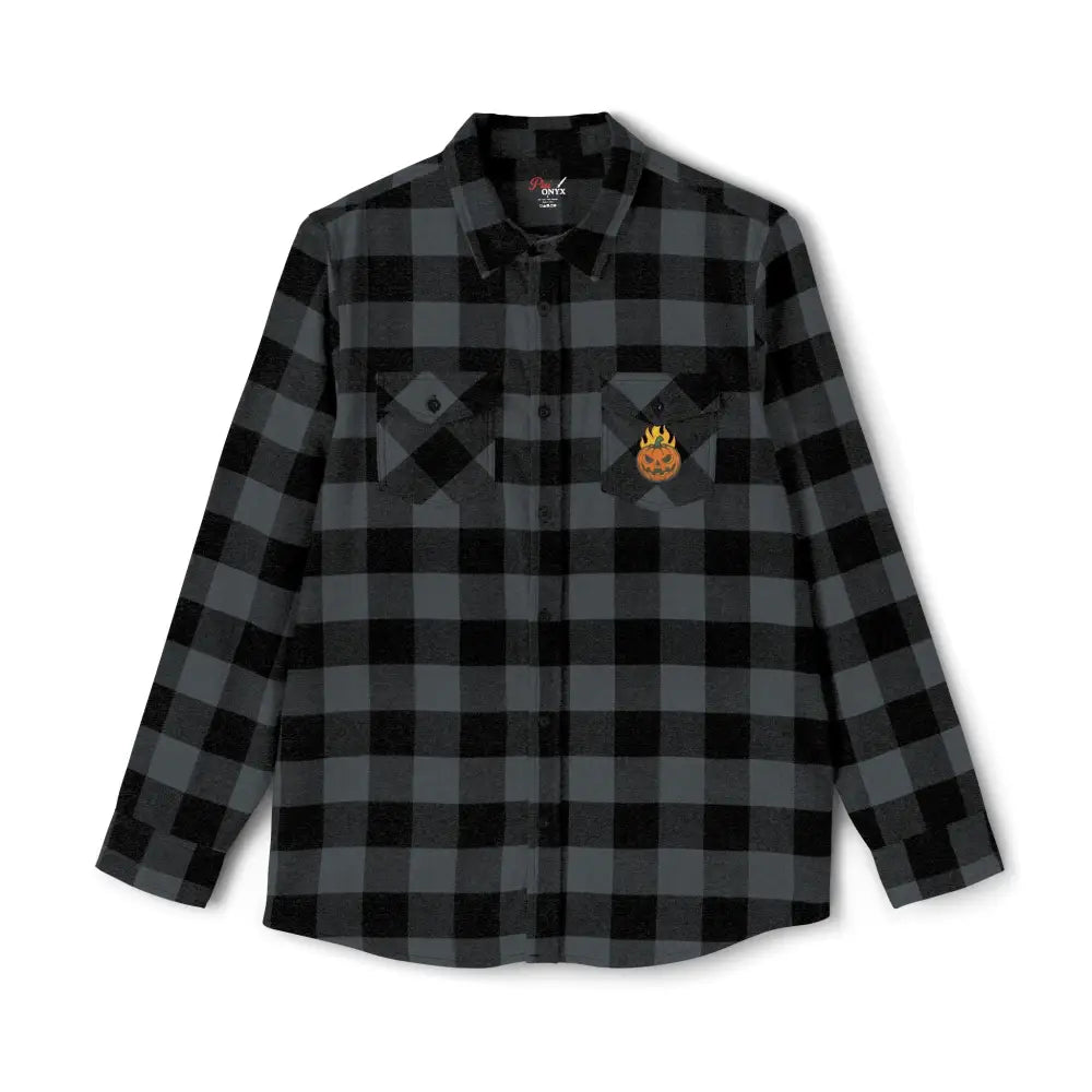 Men’s black and grey plaid flannel shirt with flaming pumpkin patch for Halloween by PixiOnyx