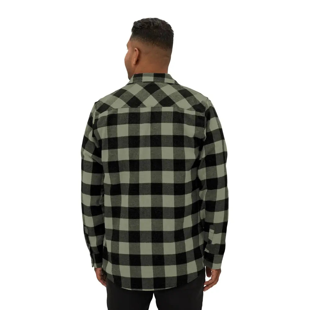 Men’s black and sage green plaid flannel shirt from PixiOnyx Flaming Pumpkin Halloween Edition