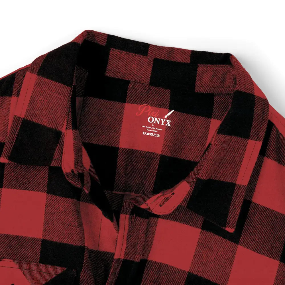 Red and black buffalo plaid flannel shirt with flaming pumpkin design from PixiOnyx trading company exp50f