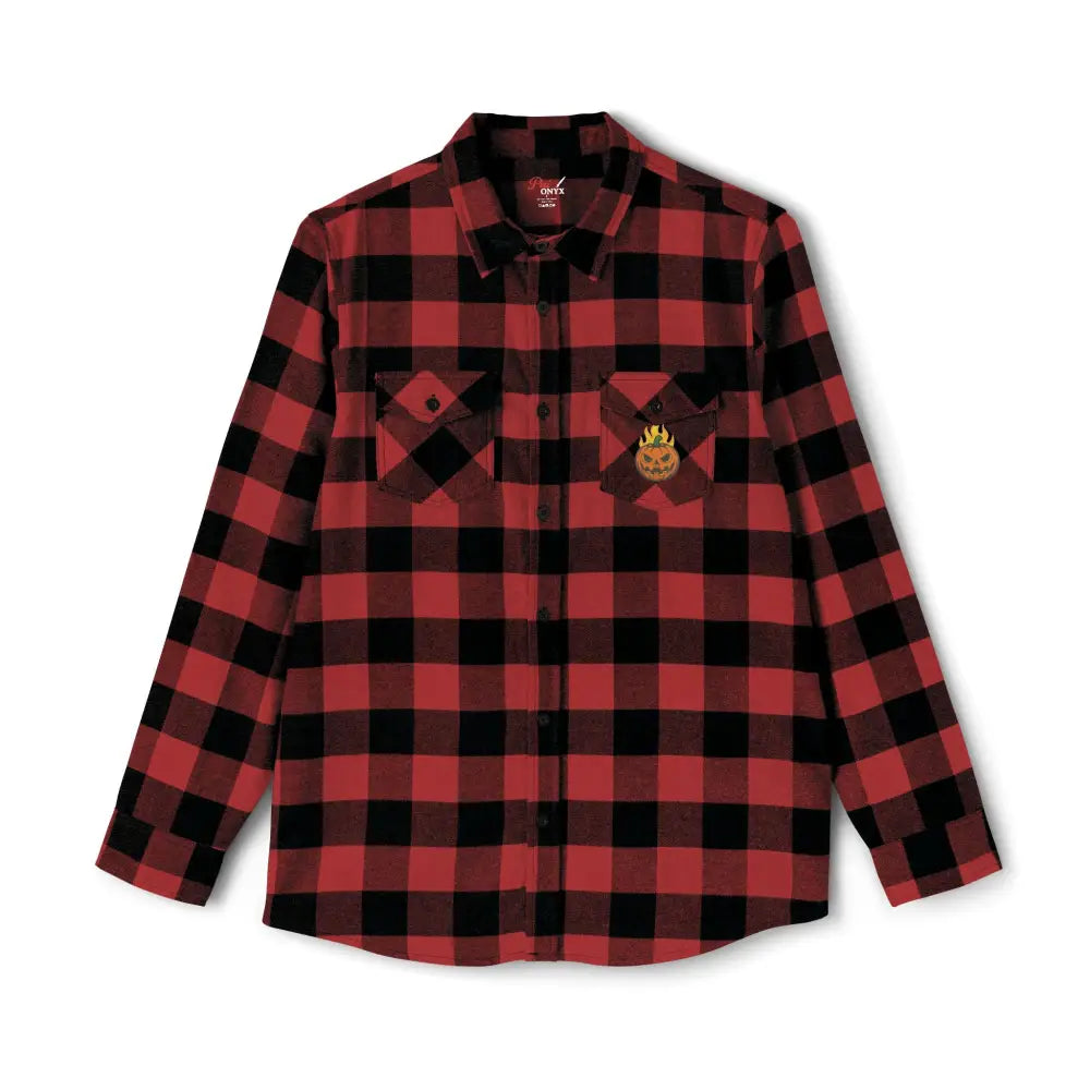 Red and black checkered flannel shirt with flaming pumpkin embroidery for Halloween style