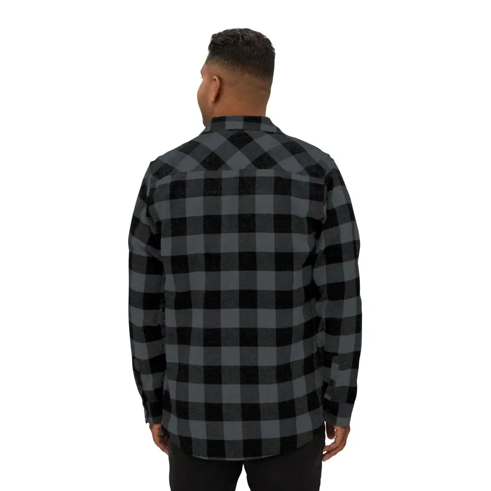 Men’s black and gray plaid long-sleeve flannel shirt with flaming pumpkin design from PixiOnyx Halloween Edition