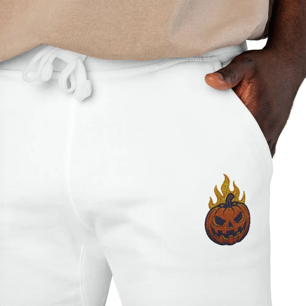 White fleece sweatpants with flaming pumpkin embroidery for cozy Halloween streetwear