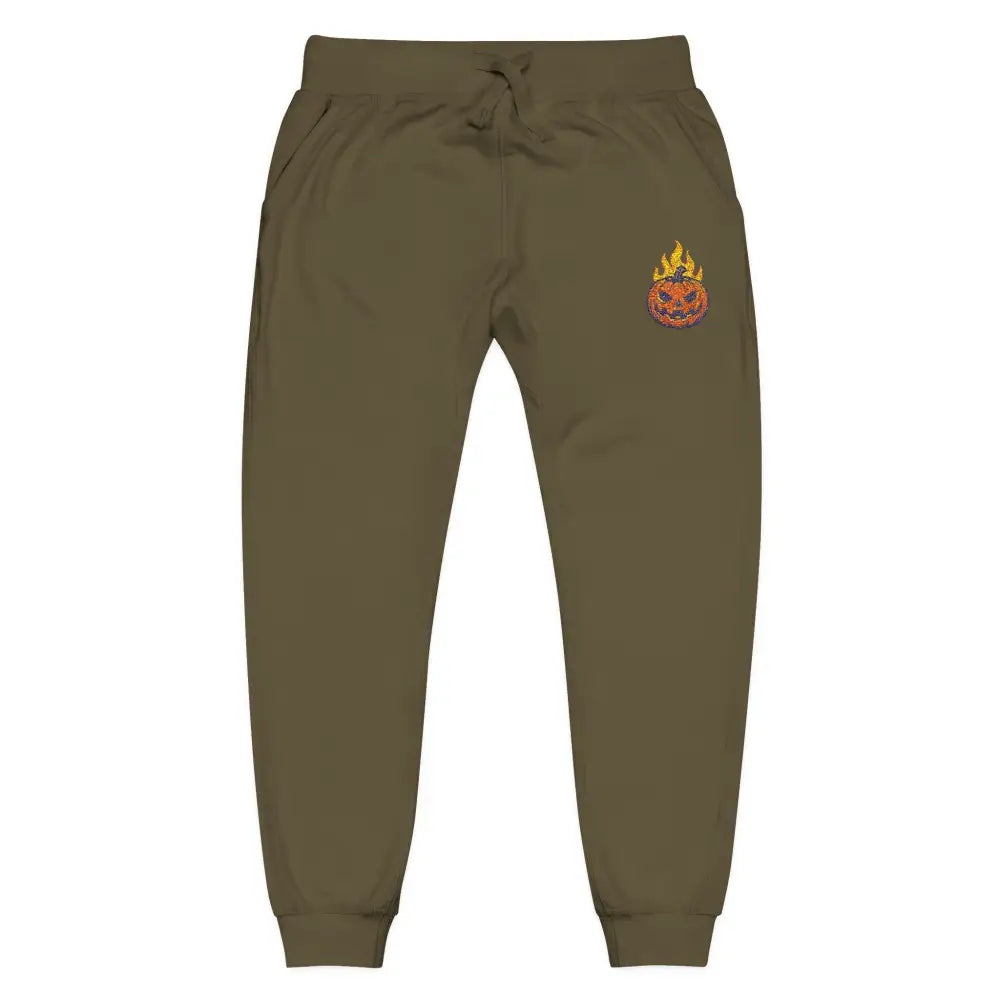 Olive green fleece sweatpants with flaming pumpkin design for cozy Halloween streetwear