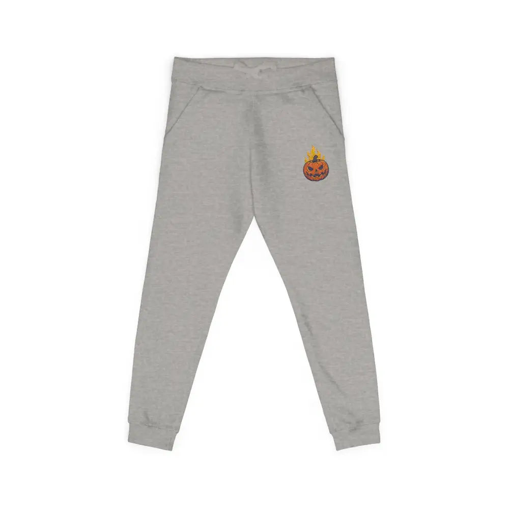 Light gray fleece sweatpants with flaming pumpkin design for cozy Halloween streetwear
