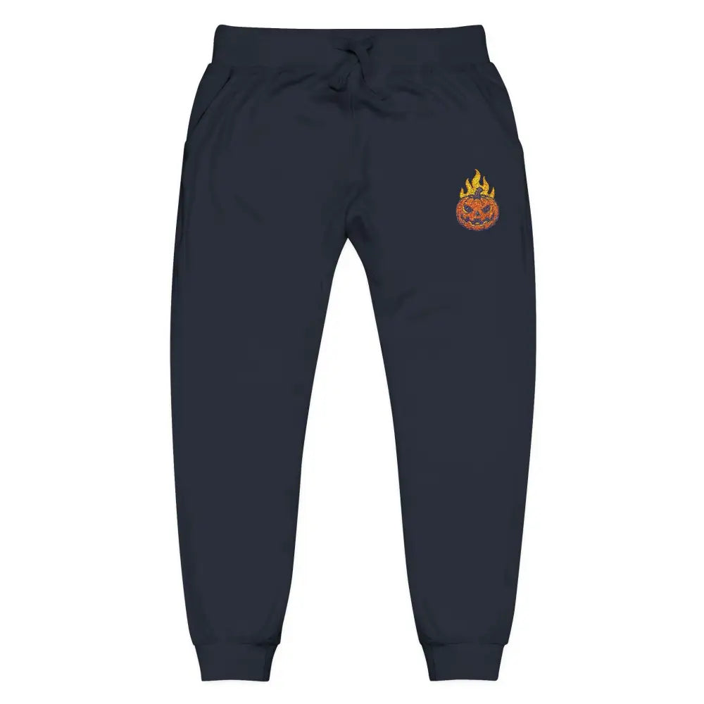 Dark blue fleece sweatpants with embroidered flaming pumpkin for cozy Halloween streetwear