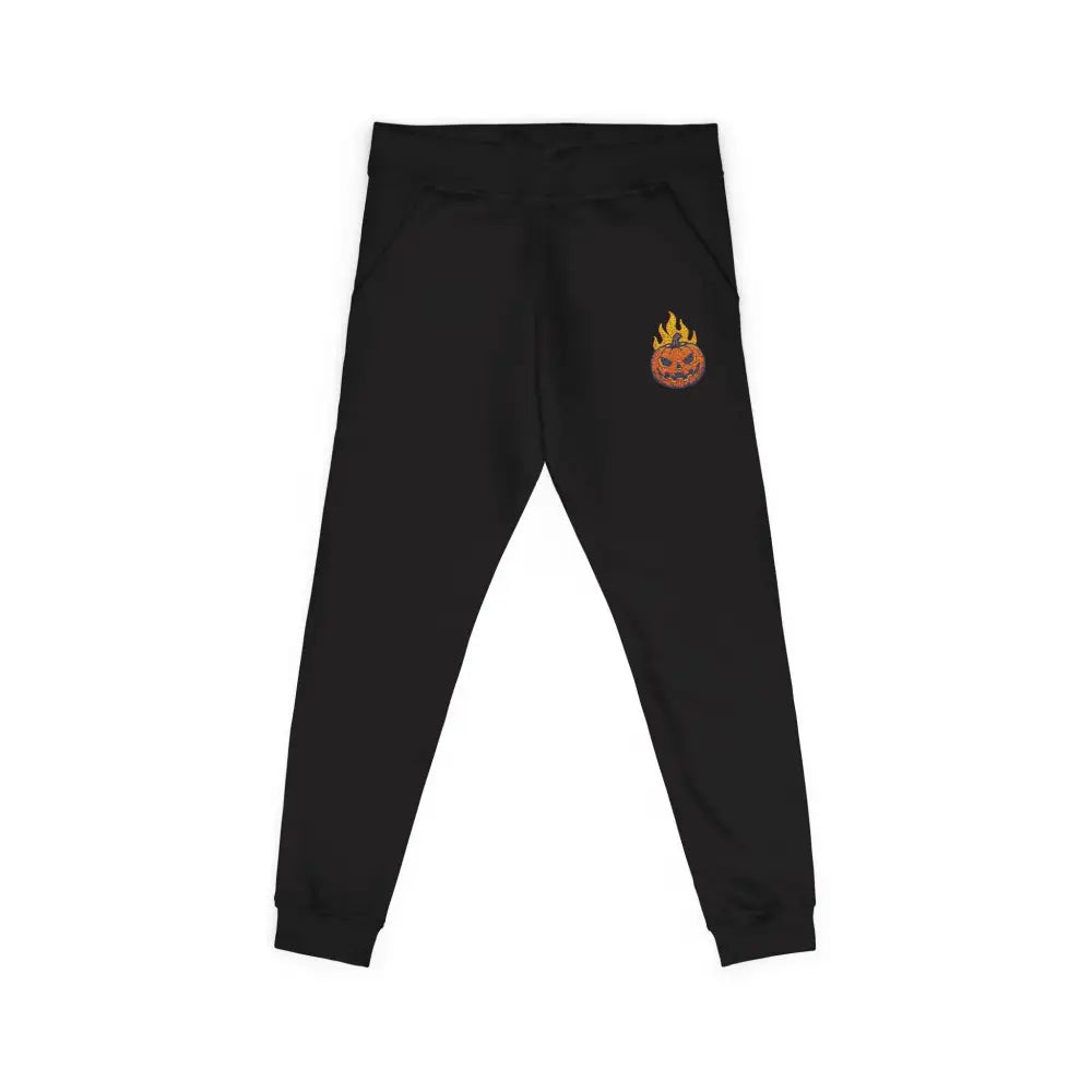 Unisex fleece sweatpants with flaming pumpkin design on right thigh for cozy Halloween style