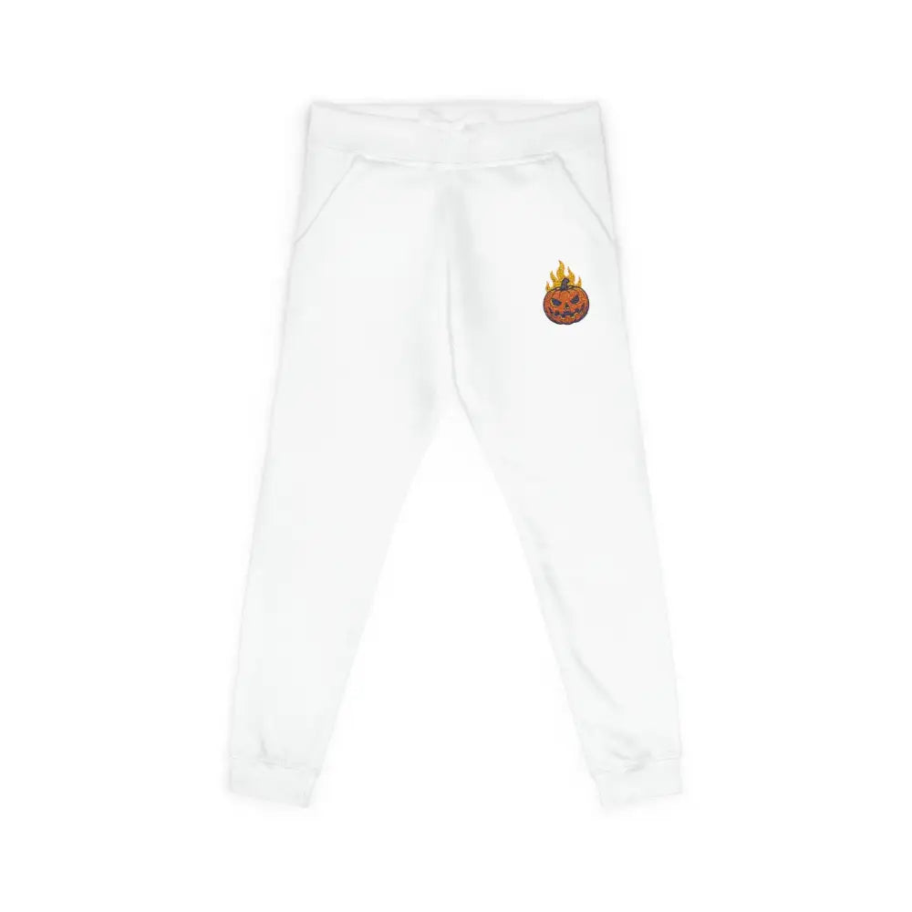 White fleece sweatpants with flaming pumpkin basketball graphic for cozy Halloween streetwear