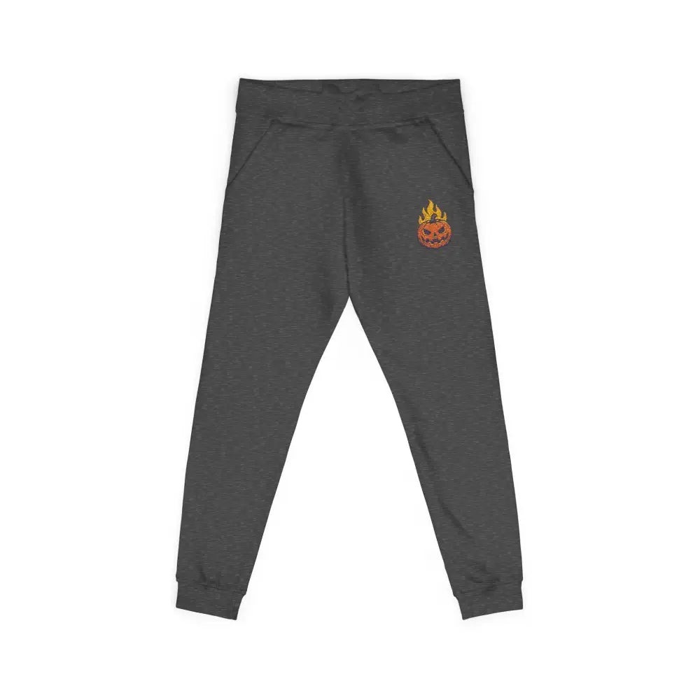 Dark gray fleece sweatpants with flaming pumpkin and flame graphic for cozy Halloween streetwear