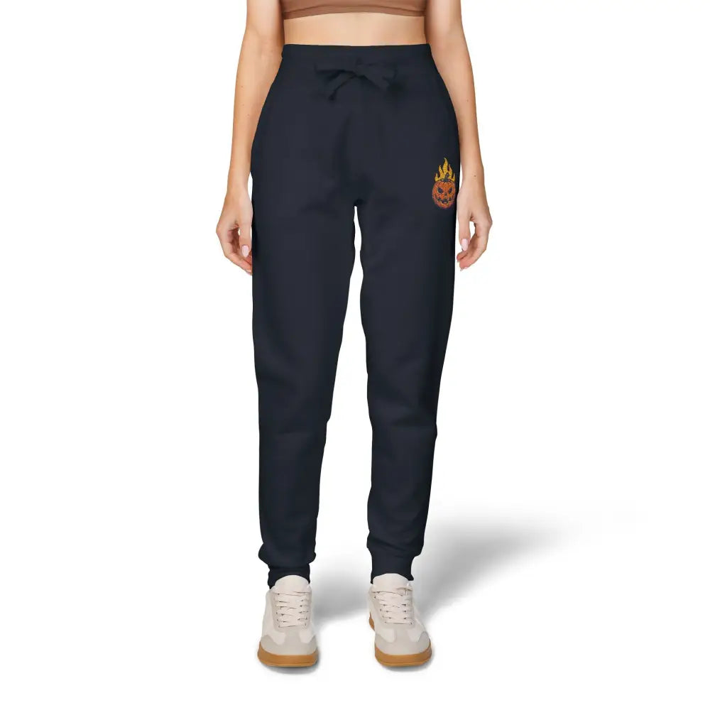 Unisex fleece sweatpants with flaming pumpkin graphic and low heat comfort for Halloween style