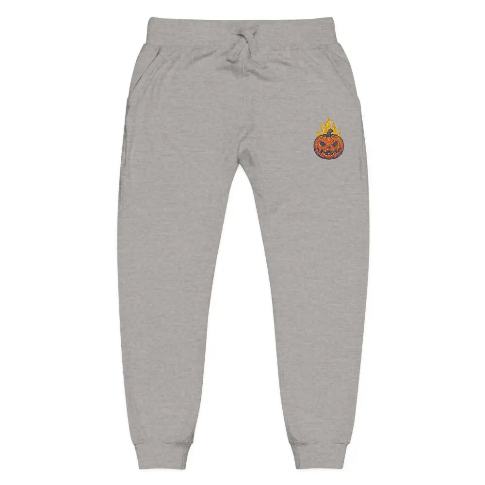 Gray fleece sweatpants with flaming pumpkin design for cozy Halloween streetwear
