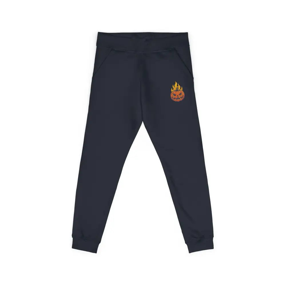 Dark blue fleece sweatpants with flaming pumpkin design for cozy Halloween streetwear