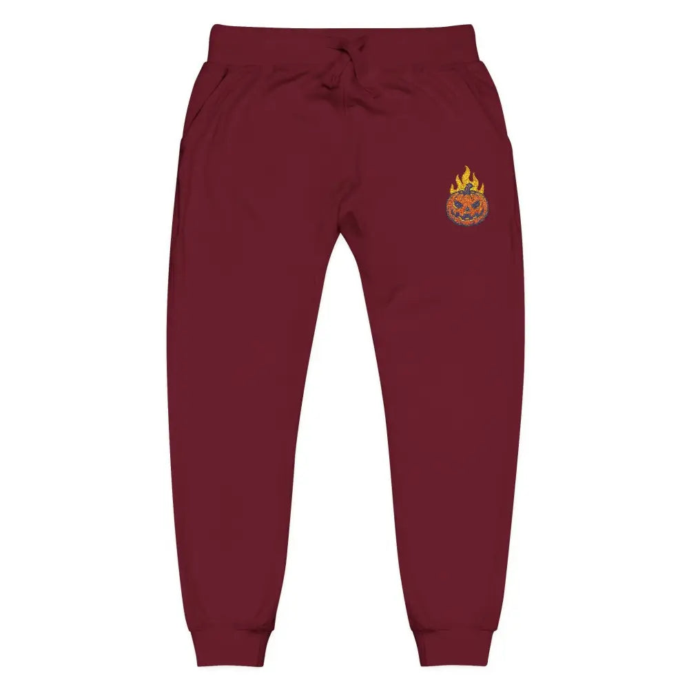 Maroon fleece sweatpants with flaming pumpkin logo from PixiOnyx Cozy Halloween Streetwear