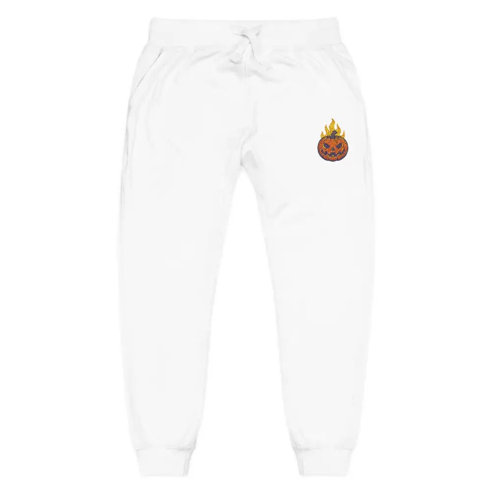 White fleece sweatpants with flaming pumpkin design for cozy Halloween streetwear