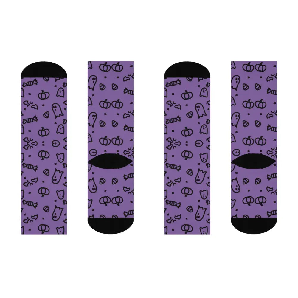 Purple Halloween cushioned crew socks with ghosts pumpkins and candy designs by PixiOnyx