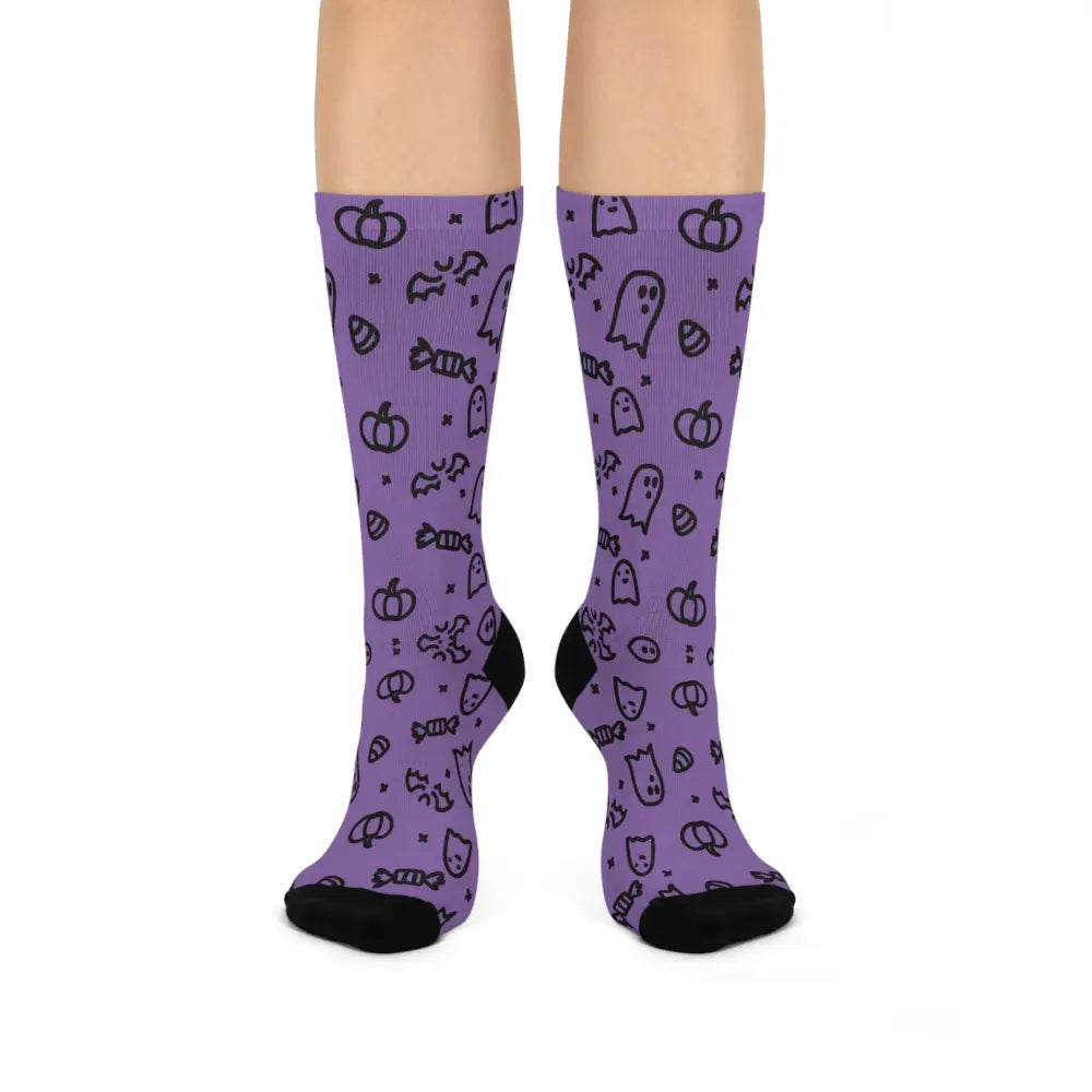 Purple Halloween cushioned crew socks with spooky ghost and pumpkin patterns