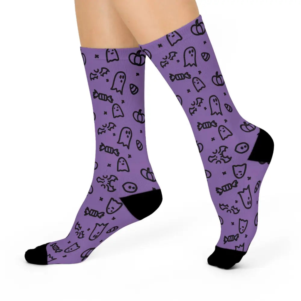 Purple Halloween cushioned crew socks with spooky ghost and pumpkin pattern, black toes