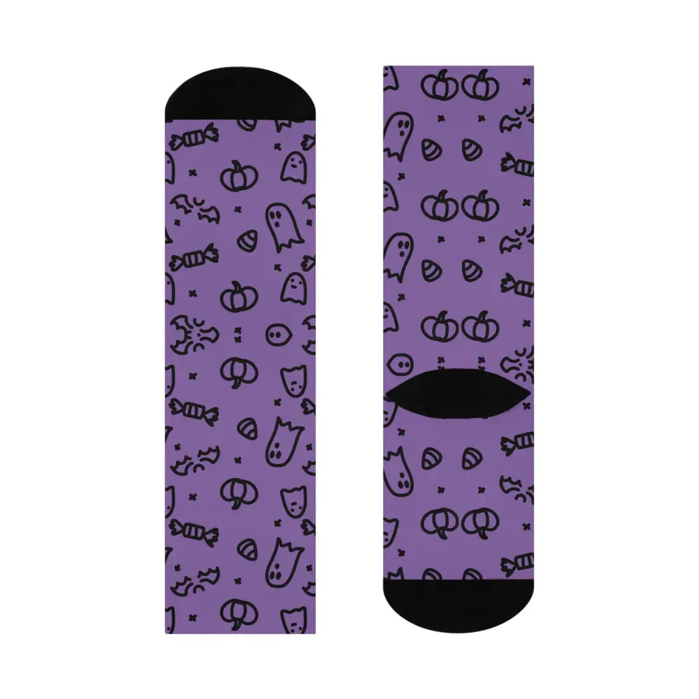 Purple Halloween cushioned crew socks with black ghost and pumpkin patterns for spooky style