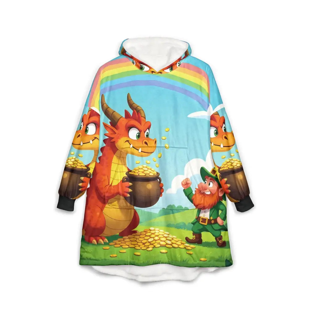 Unisex hooded blanket with dragon and leprechaun design from PixiOnyx Cozywear Wrap