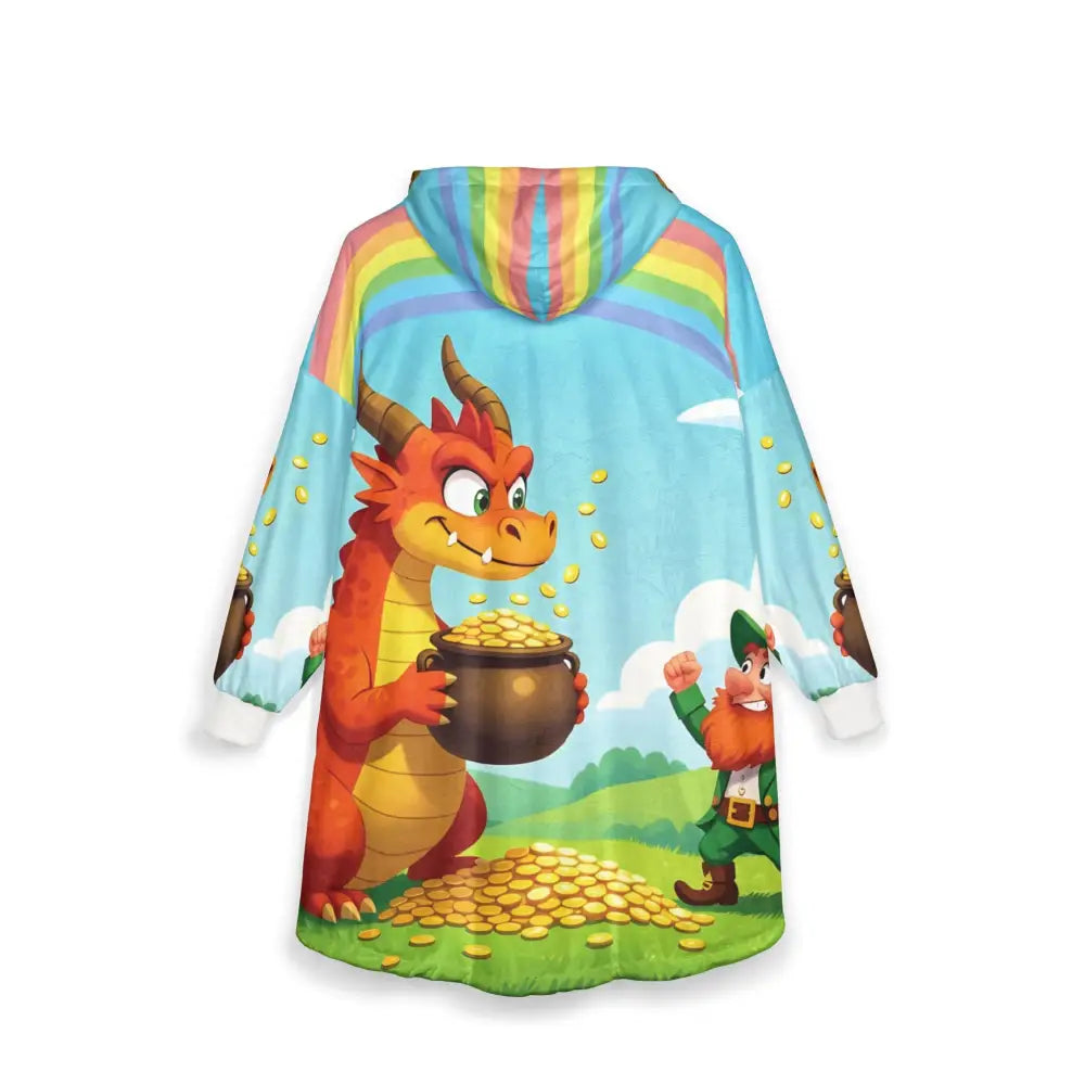 Oversized hooded blanket with dragon and leprechaun design from PixiOnyx Cozywear Wrap