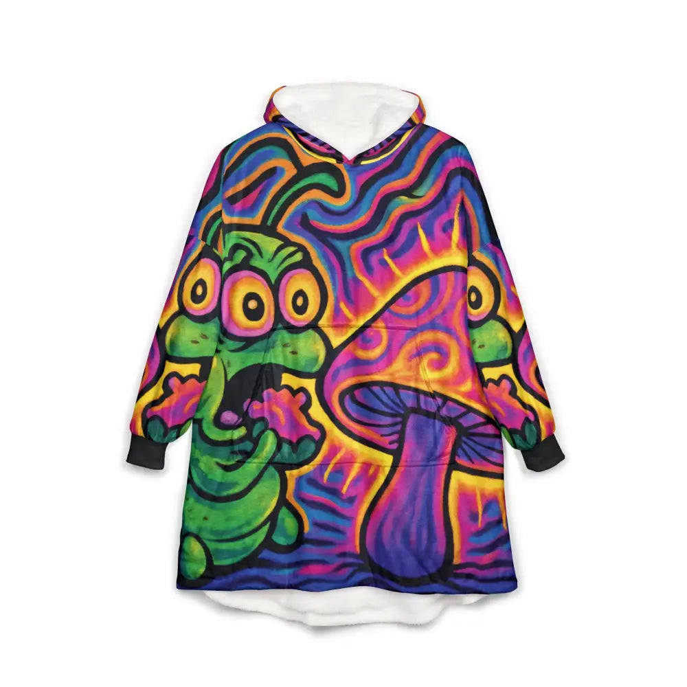 Unisex Hooded Blanket with psychedelic mushroom and caterpillar design for cozy comfort