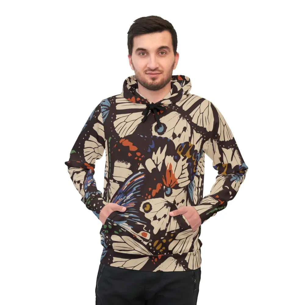 Butterfly-patterned unisex hoodie from PixiOnyx Hypnotic Streetwear showcasing vibrant design