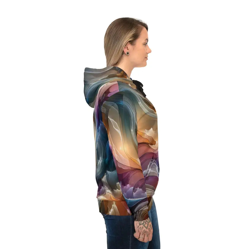 Colorful abstract-patterned unisex hoodie from PixiOnyx Celestial Layer Flux streetwear
