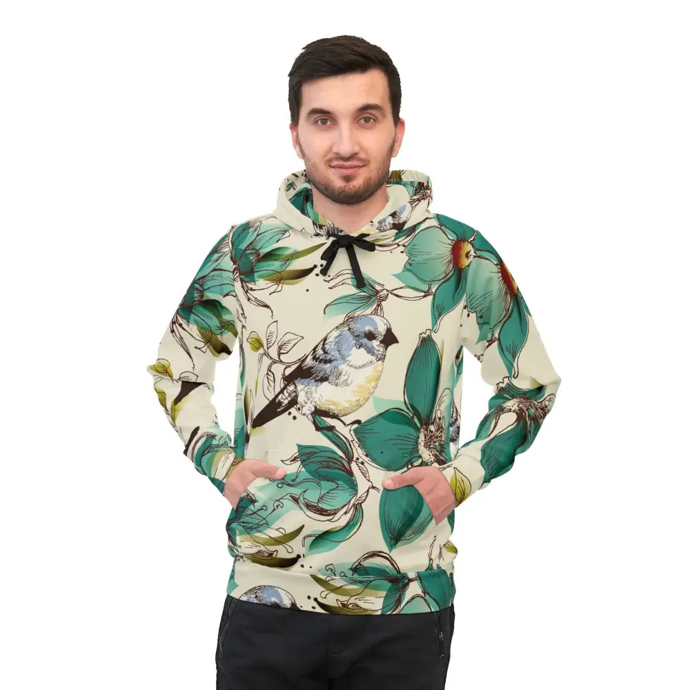 Floral bird-patterned unisex hoodie from PixiOnyx Elegant Naturewear product line
