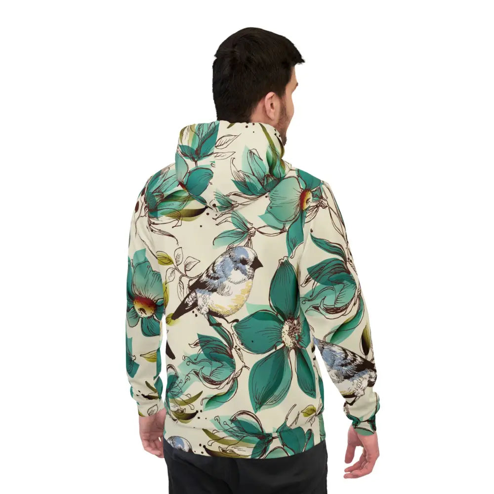 Floral bird-patterned unisex hoodie from PixiOnyx Elegant Naturewear displayed front view