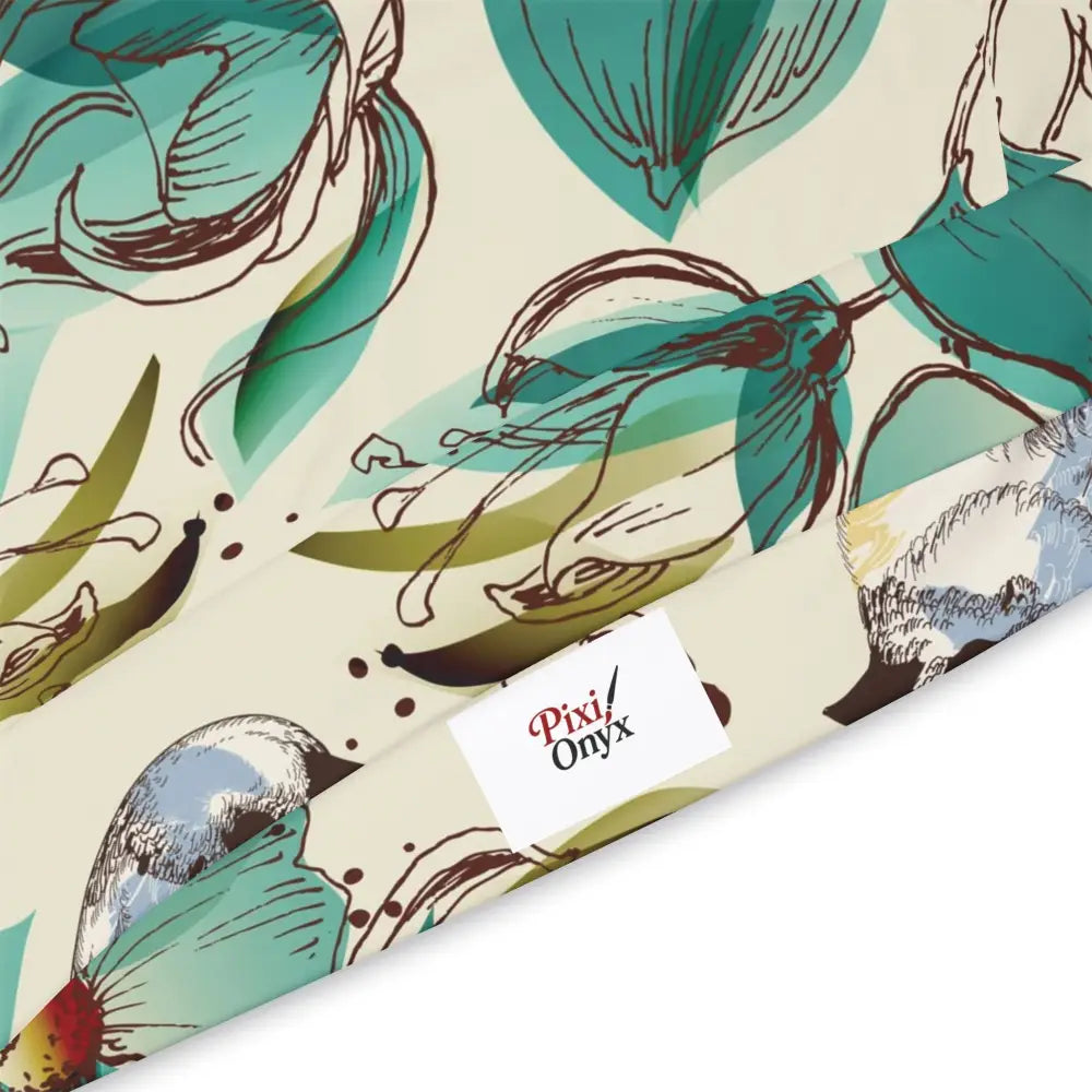 Floral and bird patterned fabric displayed on Unisex Hoodie – Floral Bird Sonata by PixiOnyx