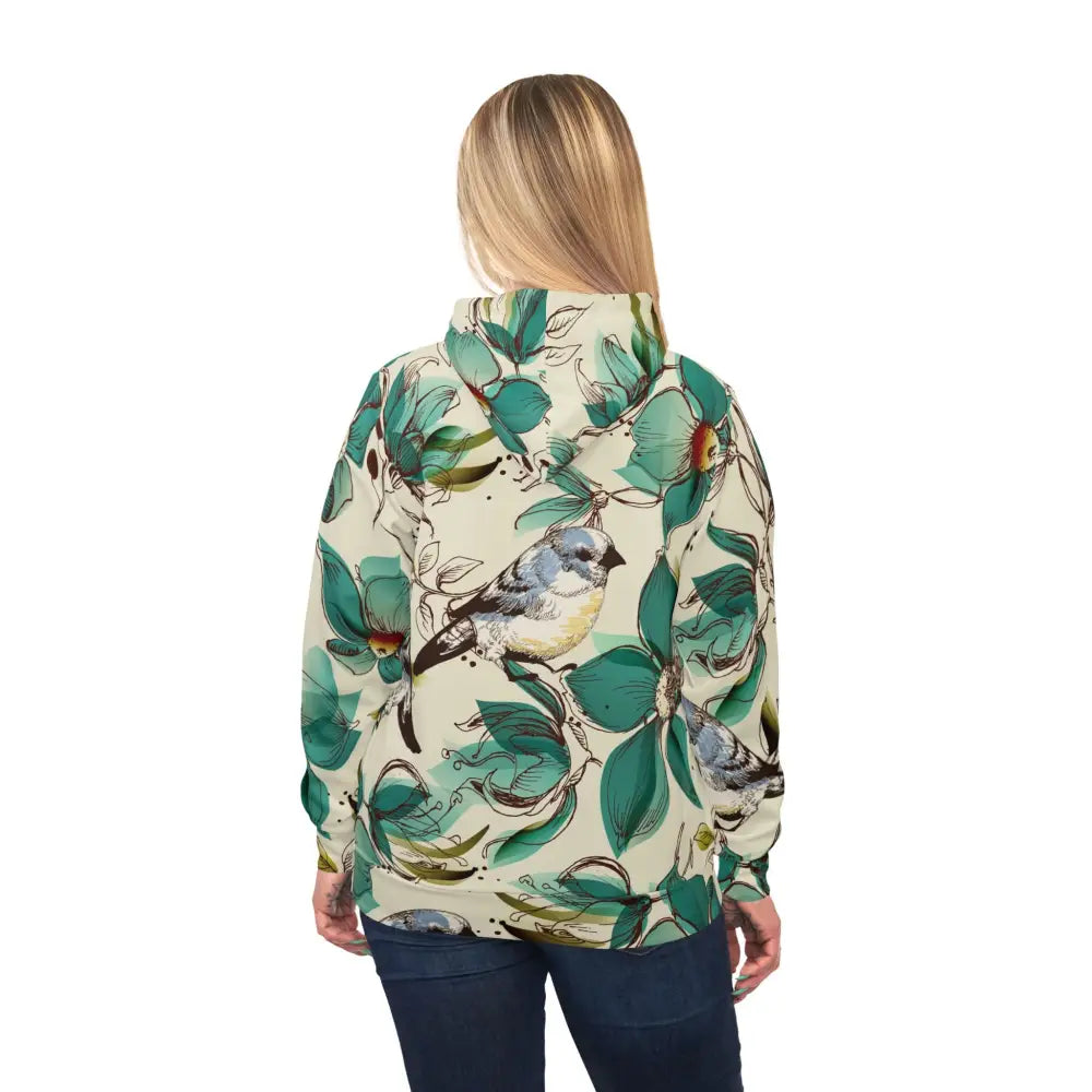 Floral bird-patterned unisex hoodie from PixiOnyx Elegant Naturewear collection