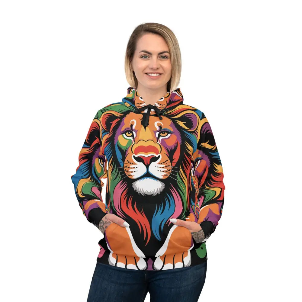Woman in colorful lion-print hoodie from Groove King Roars series by Honson Ventures Limited