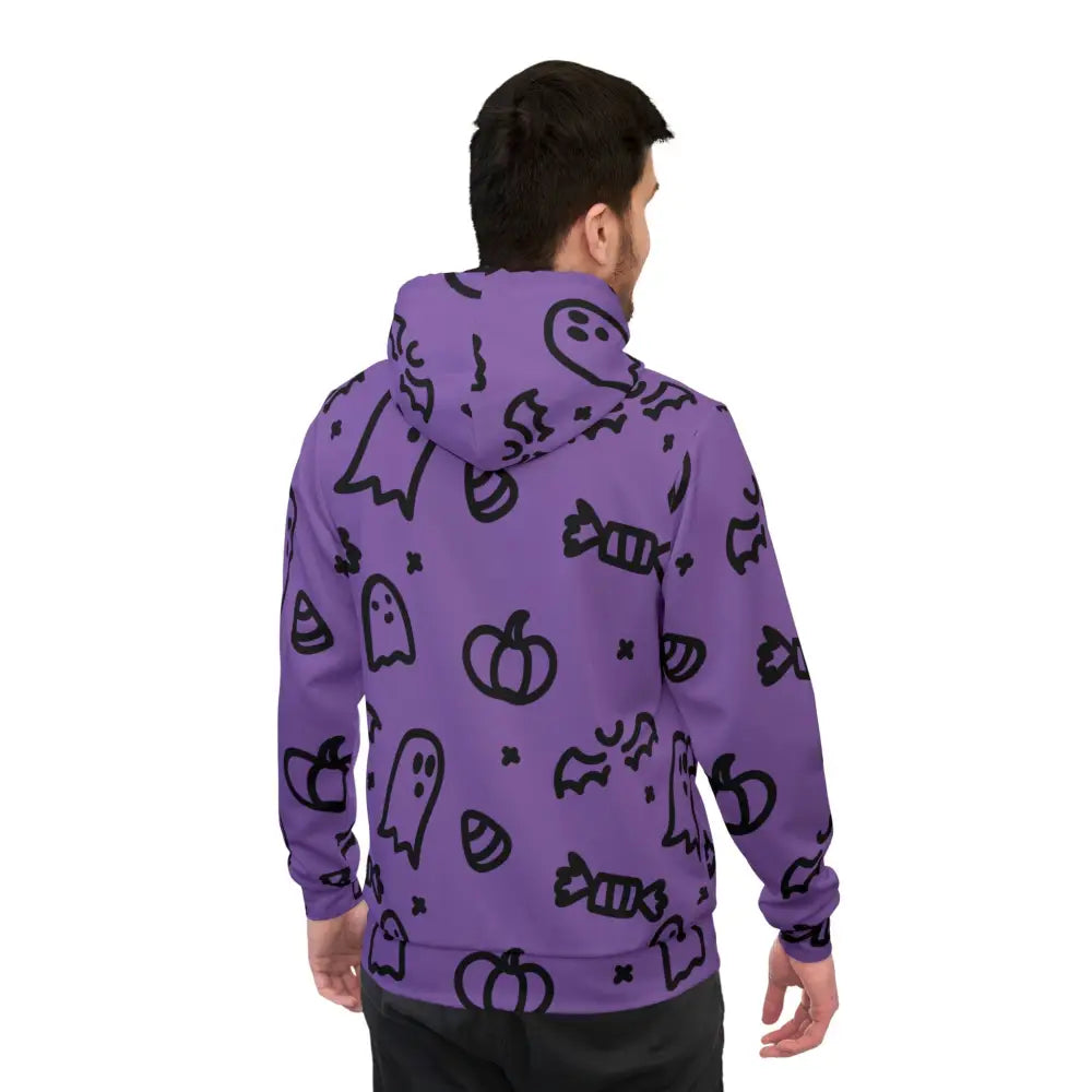 Men’s purple Halloween Ghosts Athletic hoodie with ghost, pumpkin, bat, and candy patterns