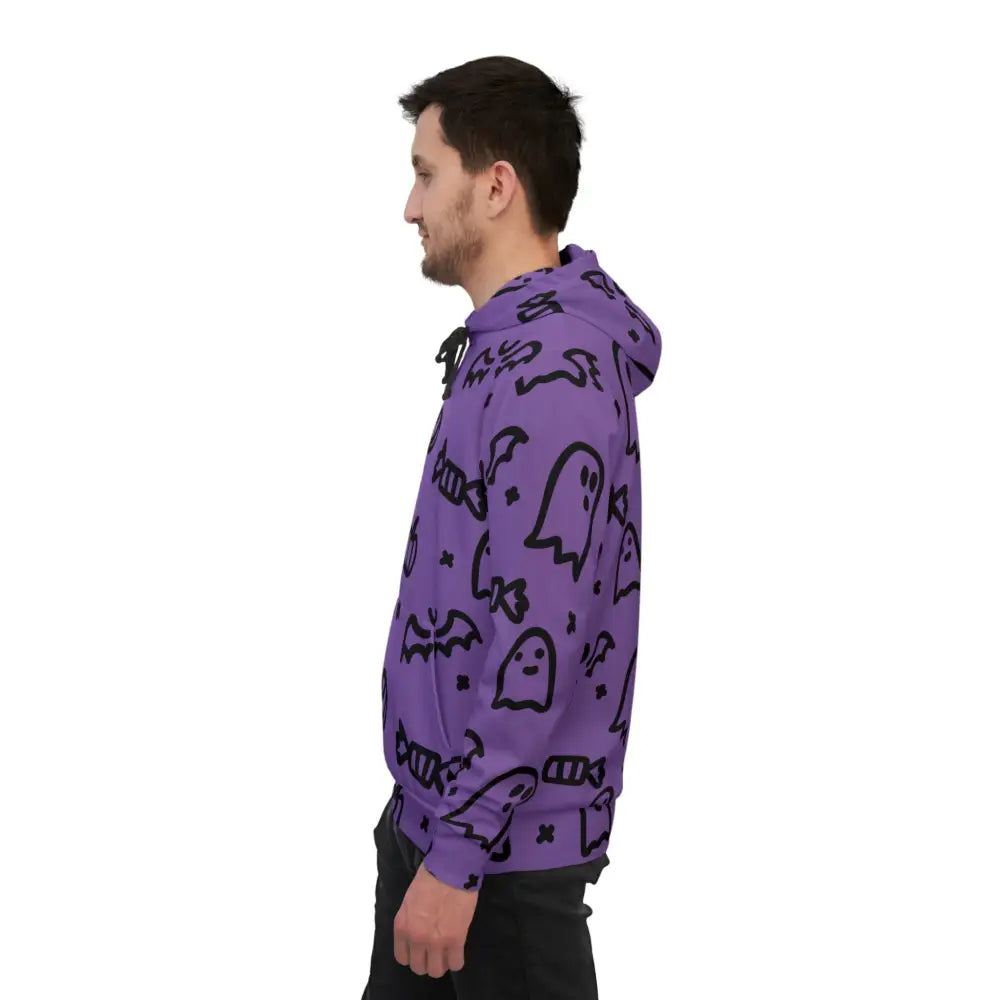 Men’s Halloween Ghosts Athletic purple hoodie with ghost, bat, and candy patterns