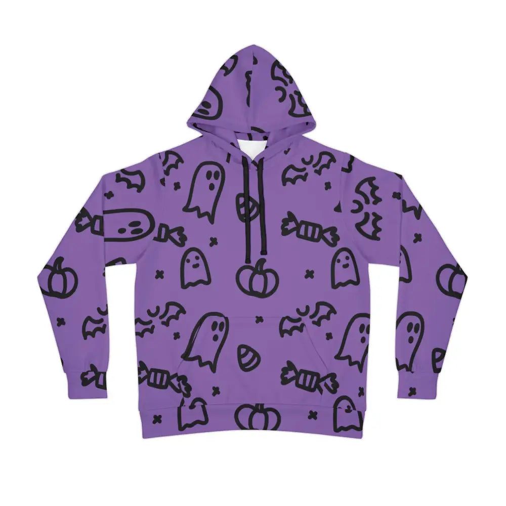 Purple Halloween Ghosts Athletic hoodie with ghost, bat, candy, and pumpkin patterns