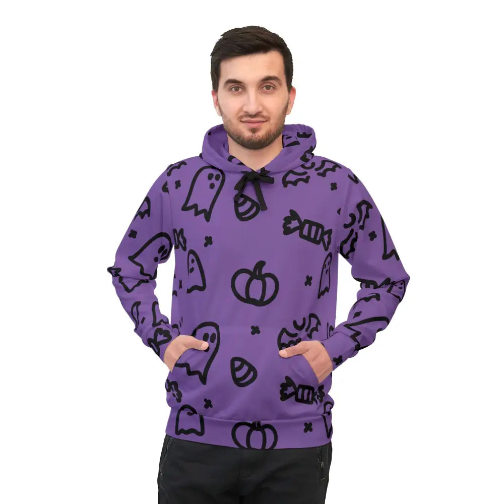 Men’s purple Halloween Ghosts Athletic hoodie with black ghost pumpkin and candy patterns