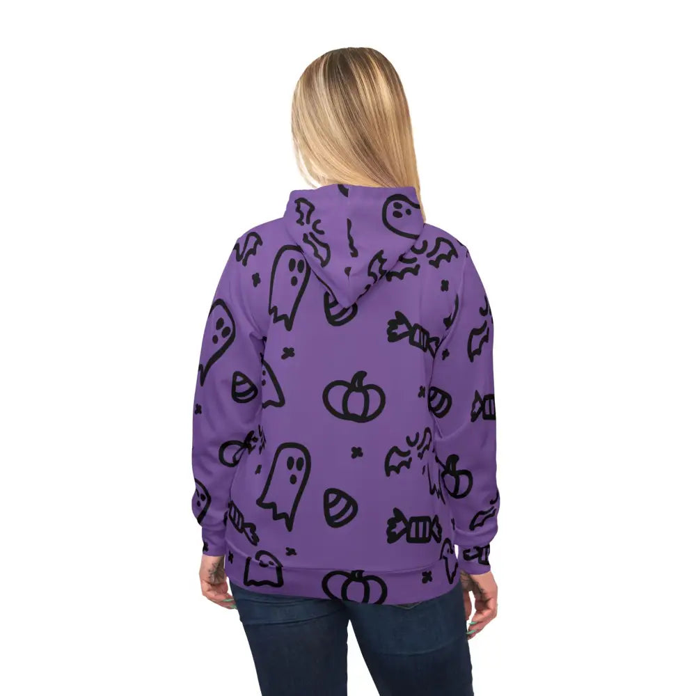 Purple Halloween Ghosts Athletic Hoodie with ghosts pumpkins and candy for spooky sportswear