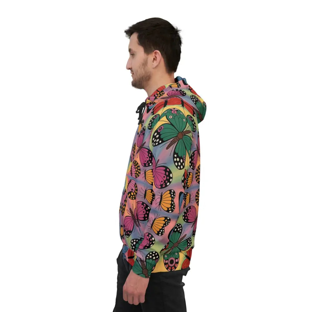 Unisex hoodie Kaleidoscope Flight with colorful butterfly print merges athletic versatility