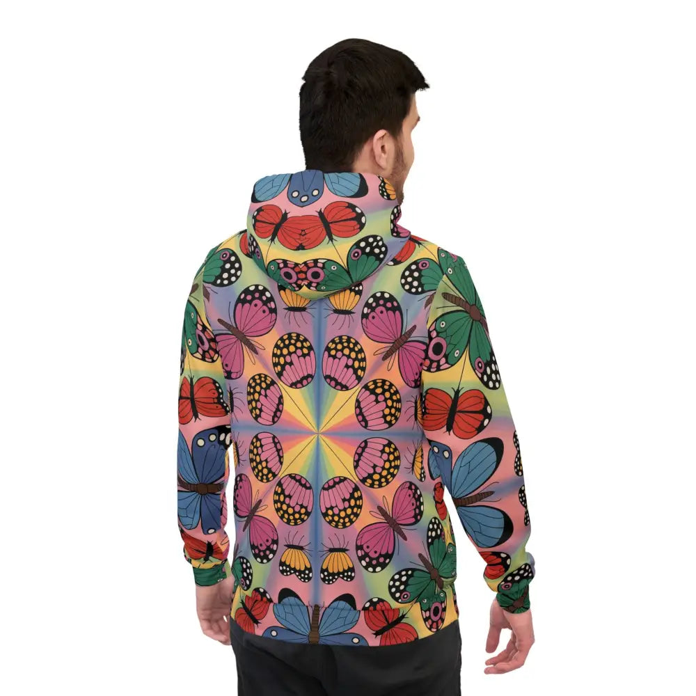 Men’s colorful butterfly print hoodie from Kaleidoscope Flight Unisex Hoodie merges athletic versatility
